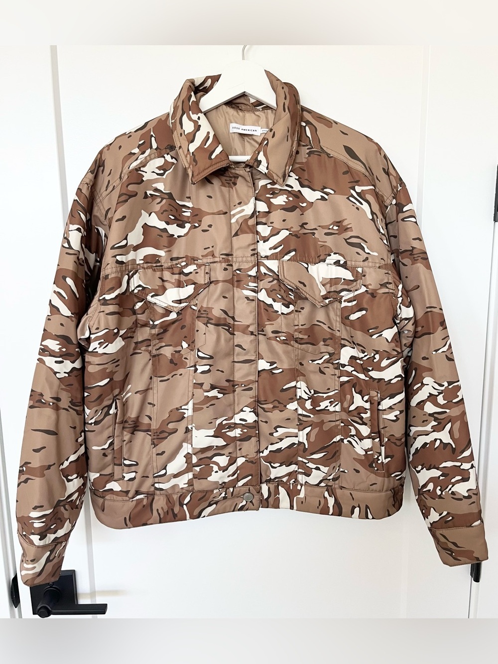 Good American Trucker Puffer Camo Jacket Brown Women’s Size XS/S